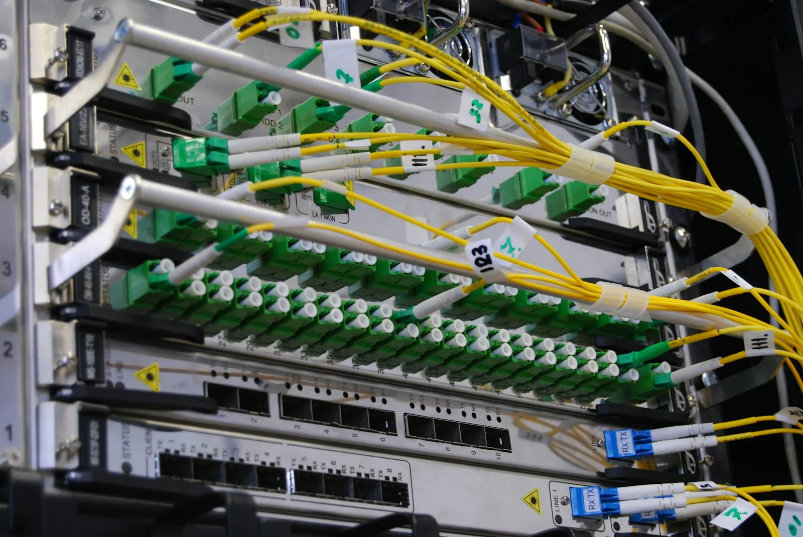 Fiber optic cables connected to a network switch in a server rack — illustrative image