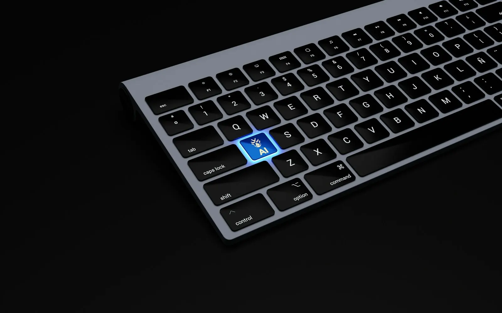 a black keyboard with a blue button on it — illustrative image